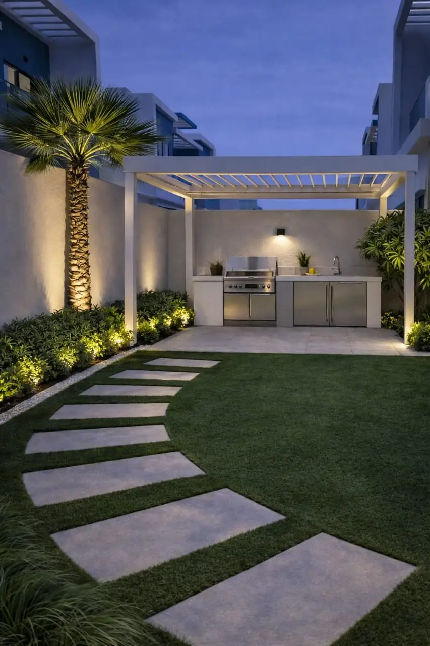 Pergola with outdoor kitchen at twilight, Dubai